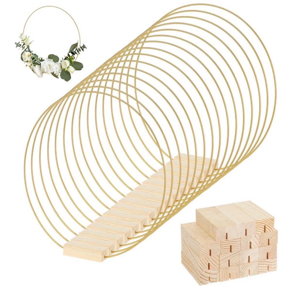15 Pack 12 Inch Floral Gold Wreath Hoops With Wood Stands & Glue Kit